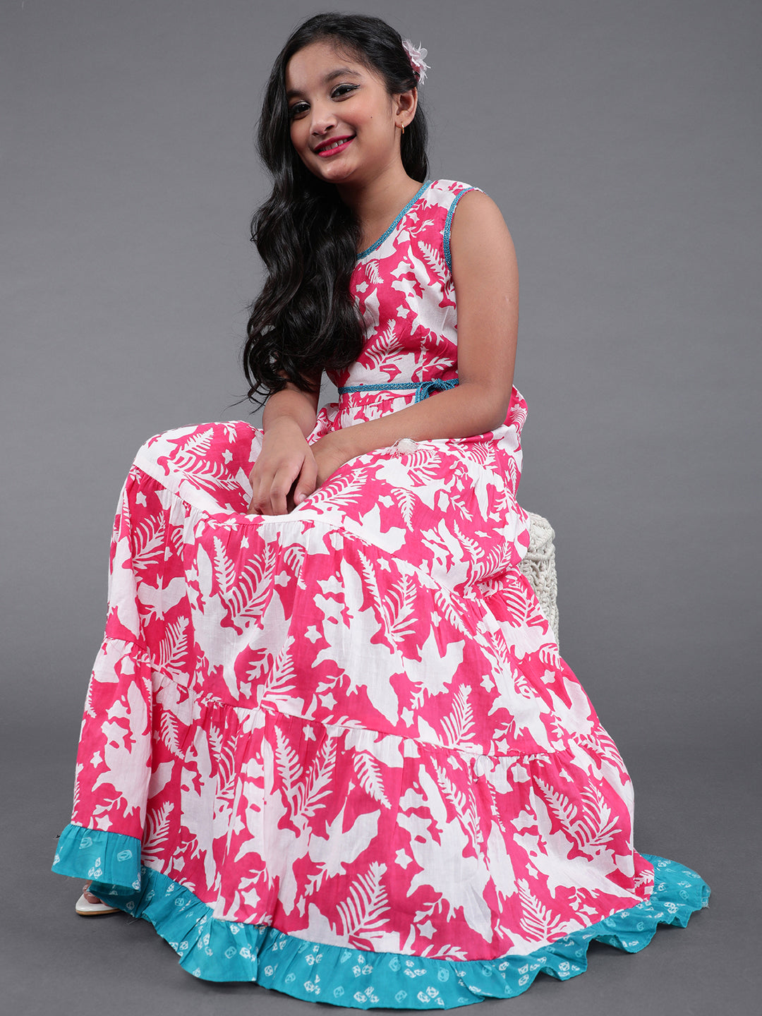 Pink Floral Print Fit And Flare Dress - Elganza