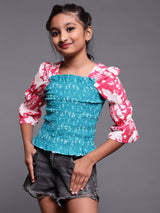 Blue & Pink Bandhani Print Smoking Top - Elganza