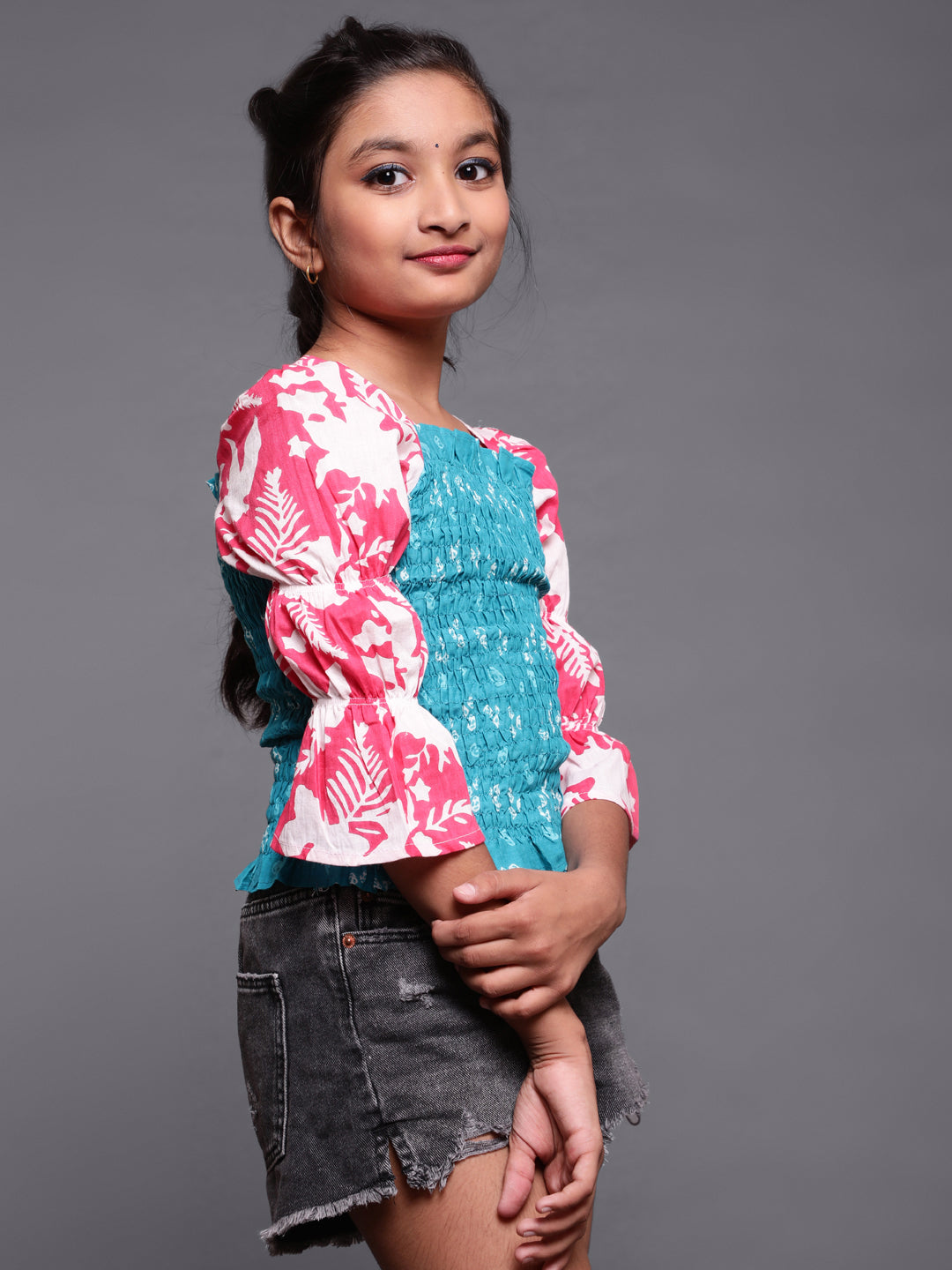 Blue & Pink Bandhani Print Smoking Top - Elganza