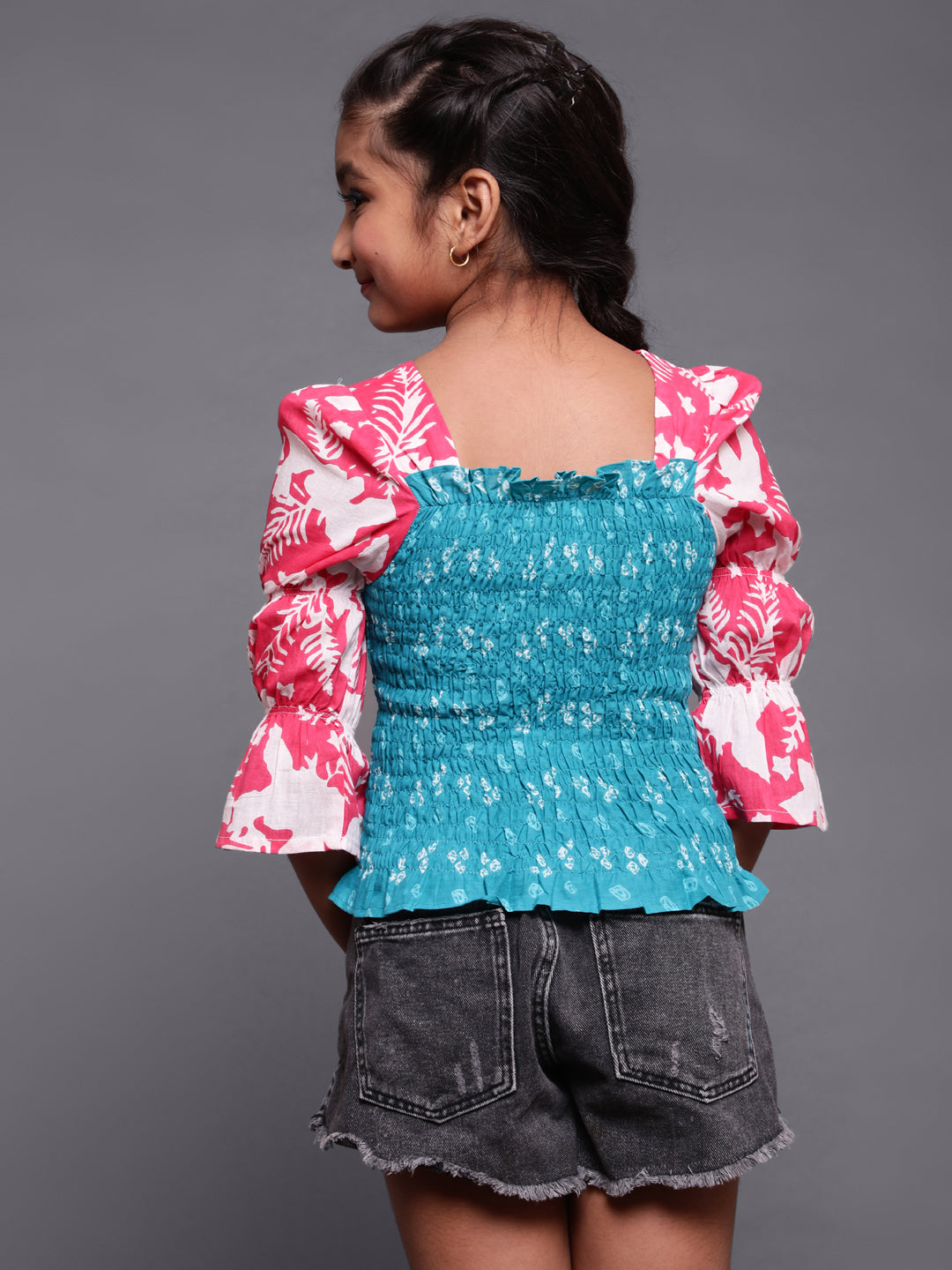 Blue & Pink Bandhani Print Smoking Top - Elganza