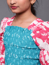 Blue & Pink Bandhani Print Smoking Top - Elganza