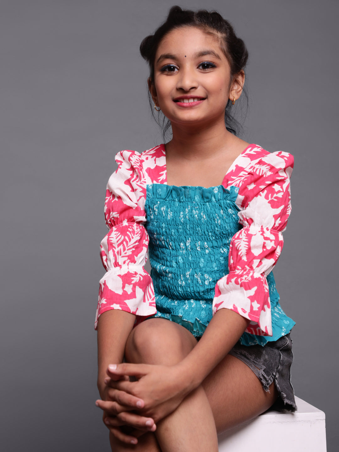 Blue & Pink Bandhani Print Smoking Top - Elganza