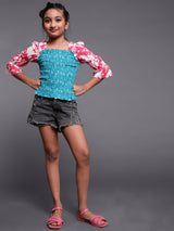 Blue & Pink Bandhani Print Smoking Top - Elganza