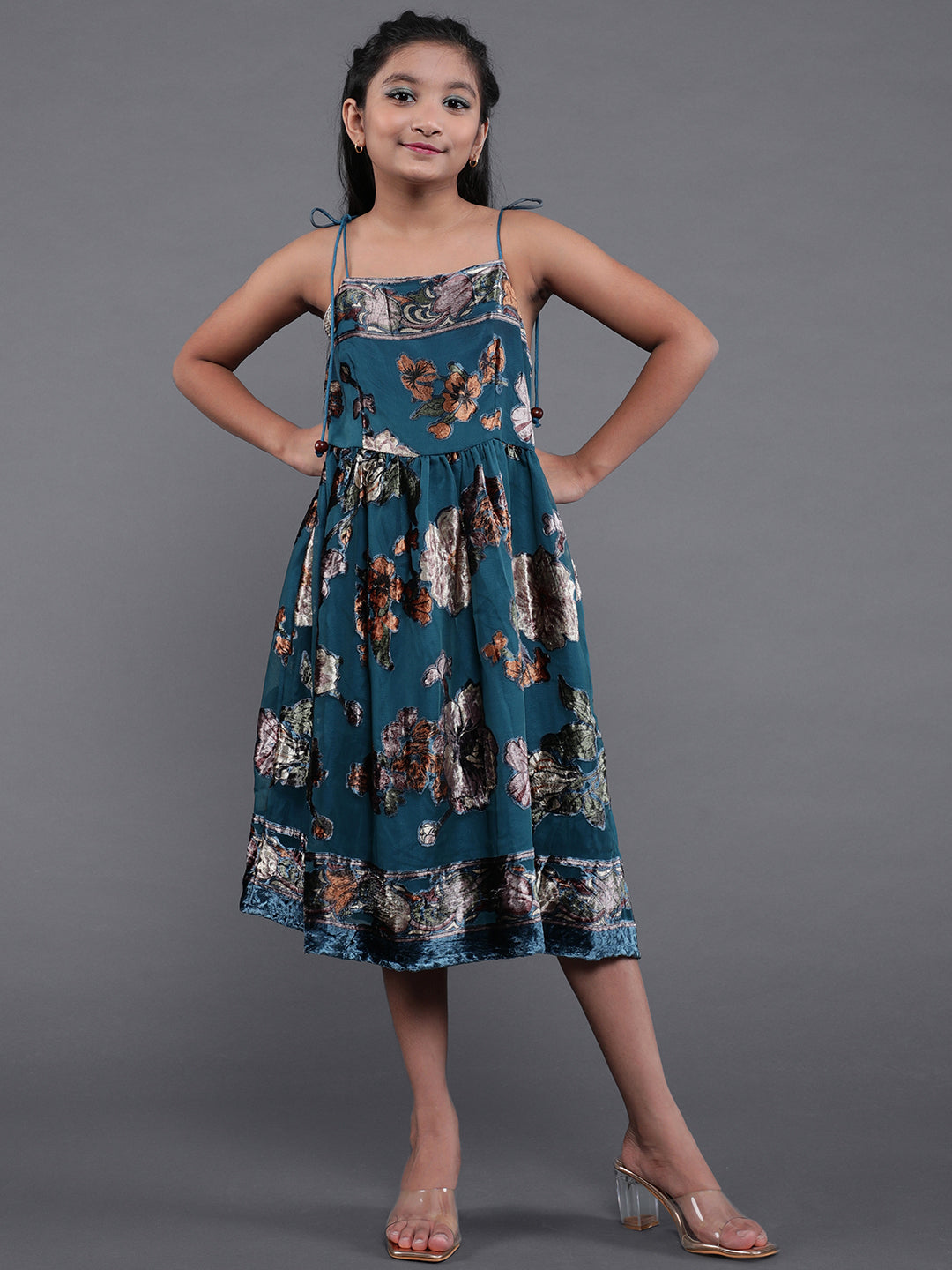 Blue Floral Print Fit & Flare Dress - Elganza