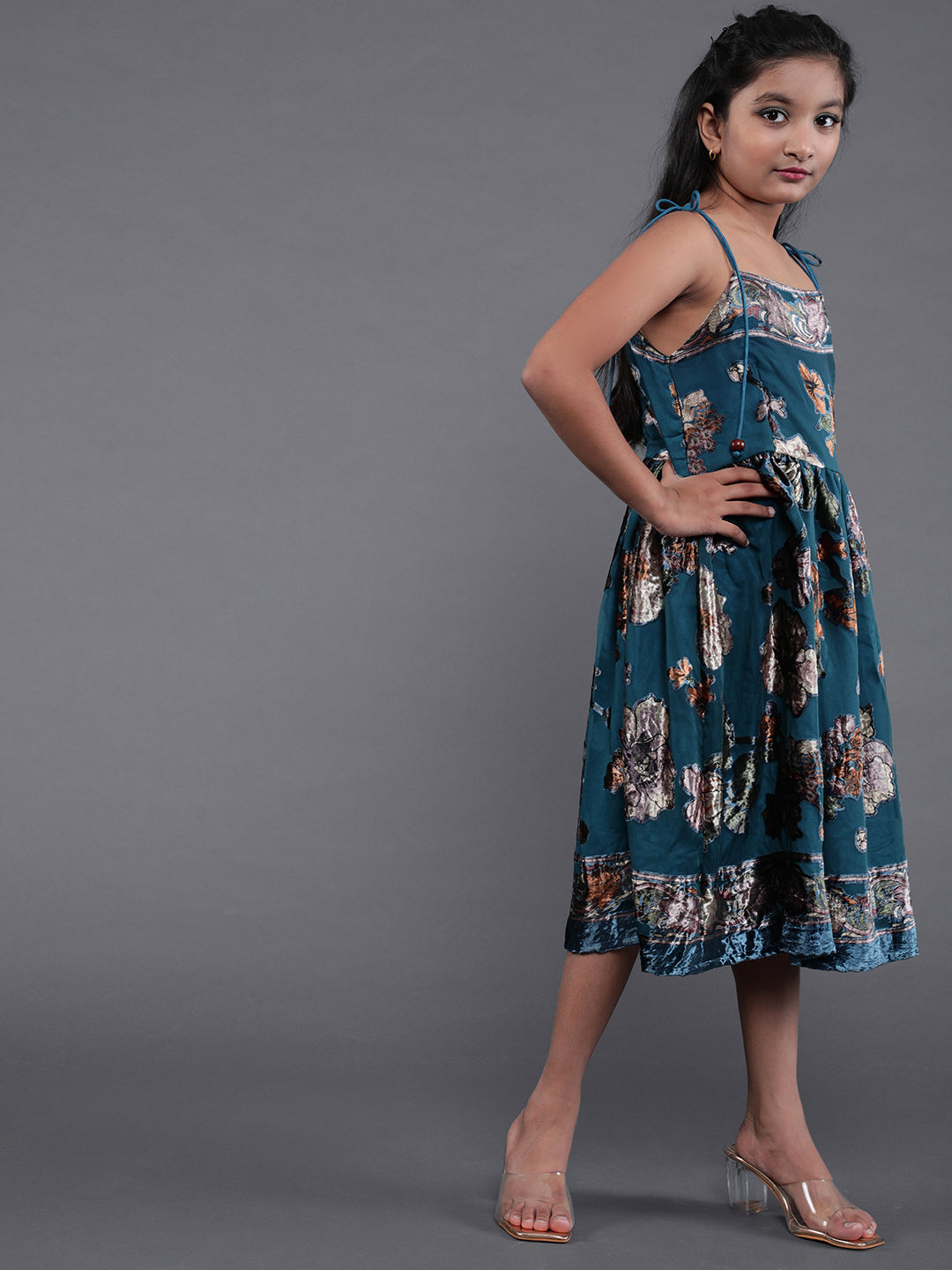 Blue Floral Print Fit & Flare Dress - Elganza