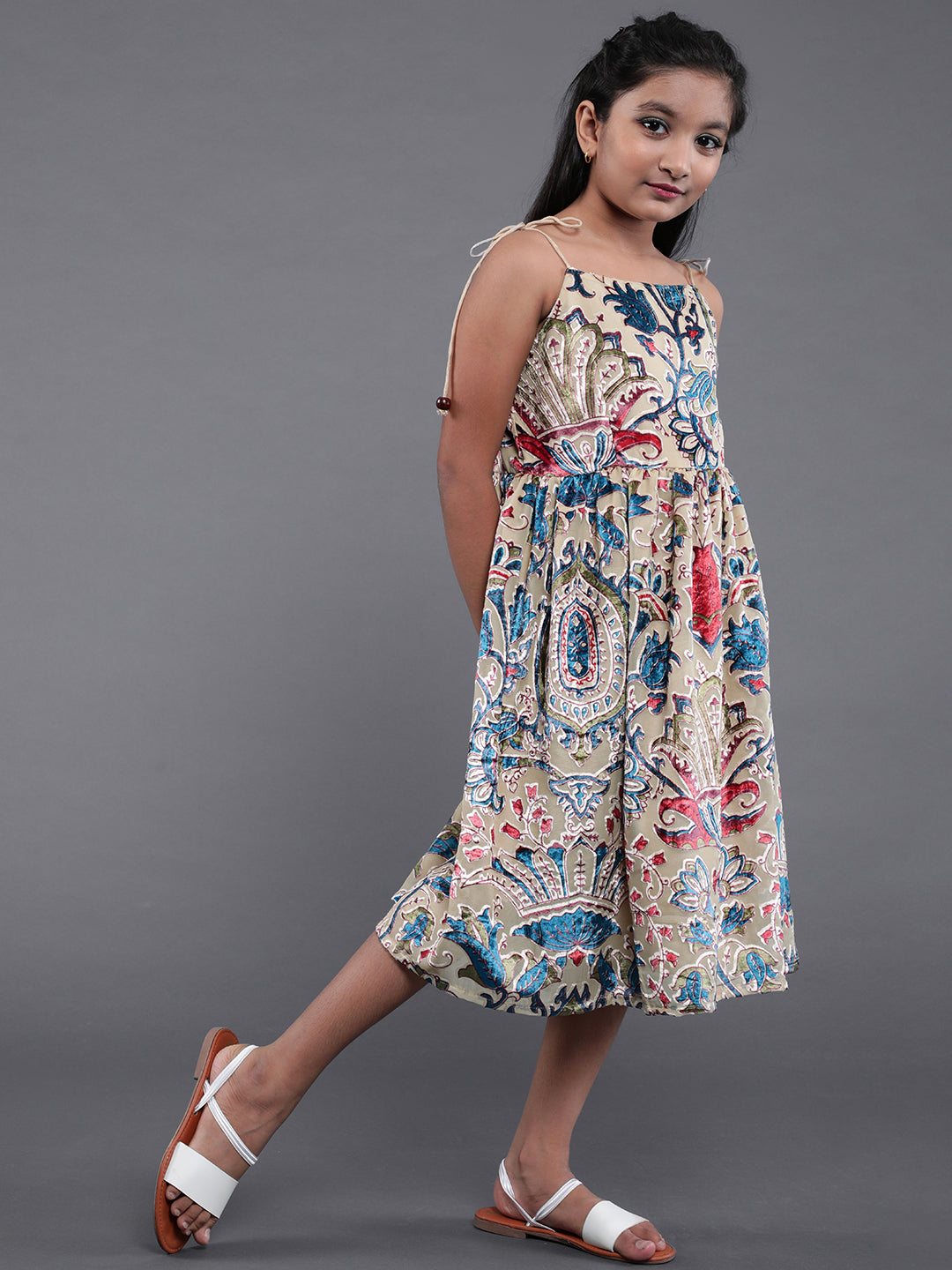 Beige Floral Print Fit & Flare Dress - Elganza