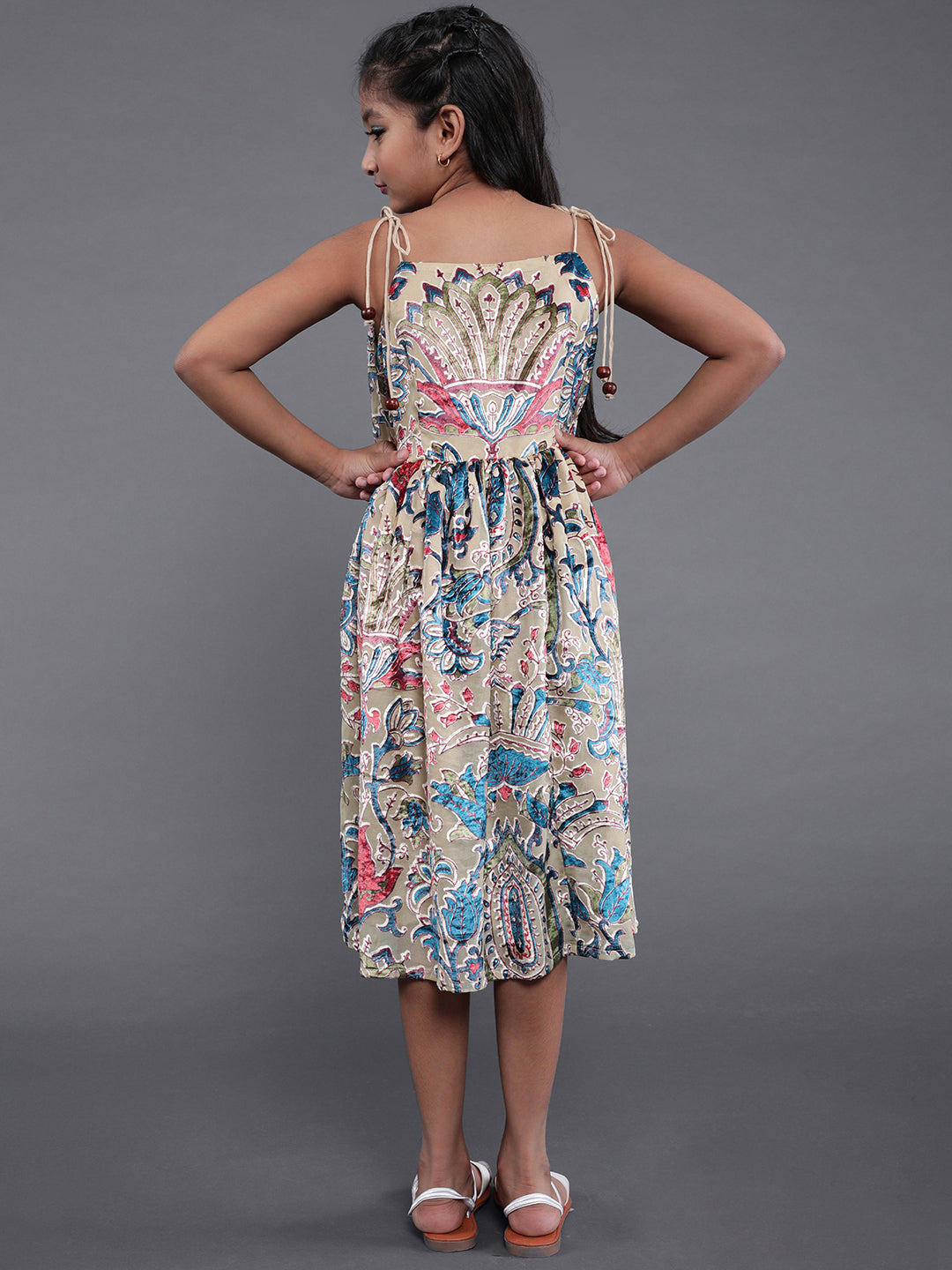 Beige Floral Print Fit & Flare Dress - Elganza