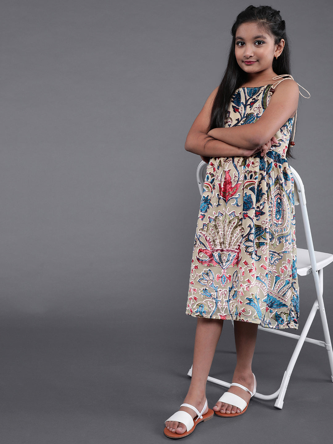 Beige Floral Print Fit & Flare Dress - Elganza