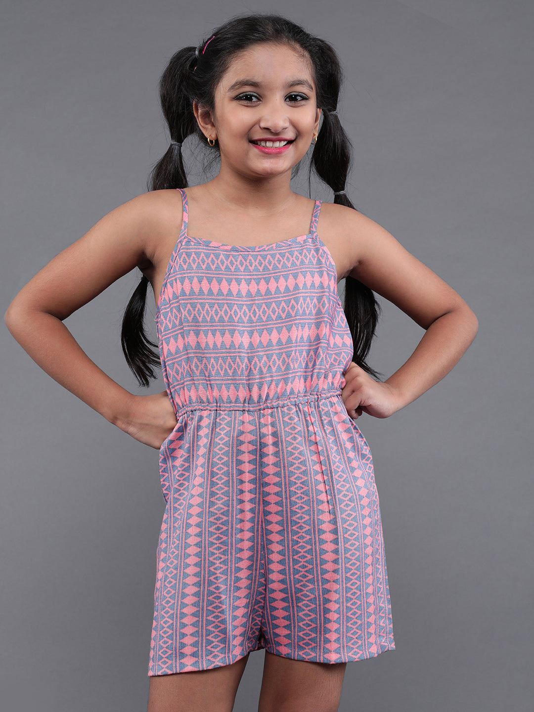 Peach Geometric Print Sleeveless Playsuit - Elganza