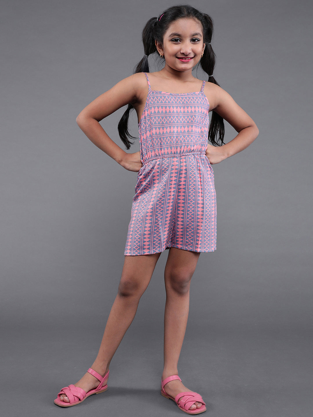 Peach Geometric Print Sleeveless Playsuit - Elganza