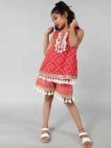 Red Printed Playsuit With Embroidery - Elganza