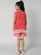 Red Printed Playsuit With Embroidery - Elganza