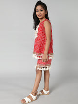 Red Printed Playsuit With Embroidery - Elganza