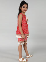 Red Printed Playsuit With Embroidery - Elganza