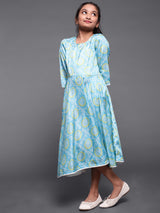 Turquoise Blue Bandhani Print Flared Dress - Elganza