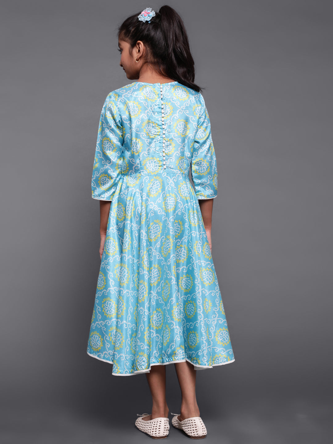Turquoise Blue Bandhani Print Flared Dress - Elganza
