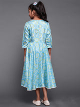 Turquoise Blue Bandhani Print Flared Dress - Elganza