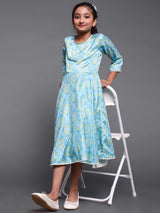 Turquoise Blue Bandhani Print Flared Dress - Elganza