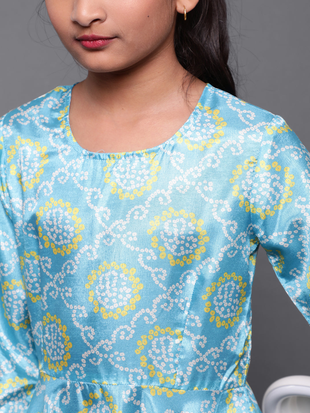 Turquoise Blue Bandhani Print Flared Dress - Elganza