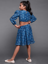 Blue Digital Print Cut-Out Skater Dress - Elganza