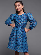 Blue Digital Print Cut-Out Skater Dress - Elganza