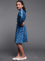 Blue Digital Print Cut-Out Skater Dress - Elganza