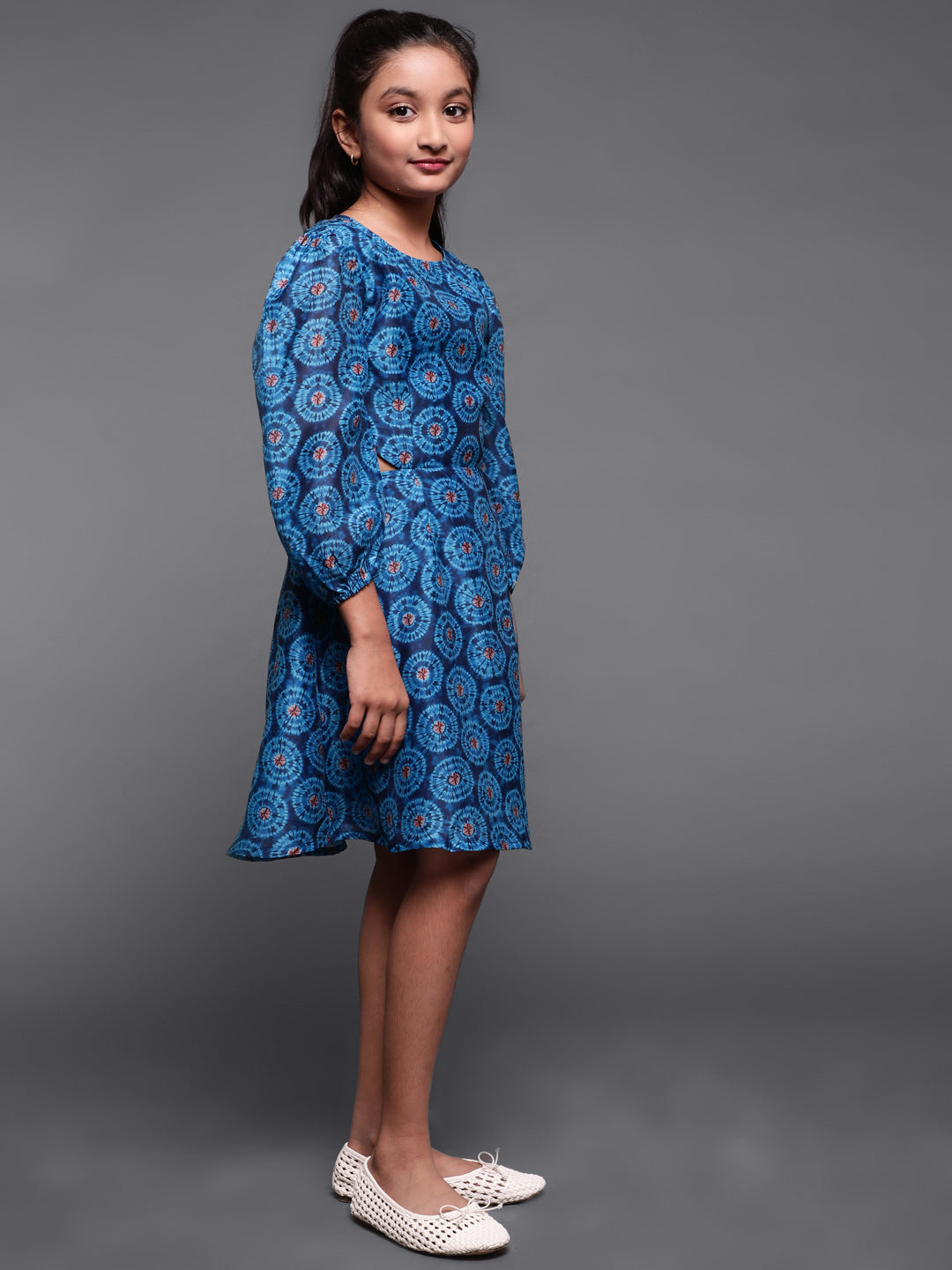 Blue Digital Print Cut-Out Skater Dress - Elganza