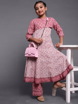 Mauve & White Floral Print Anakali Palazzo With Koti - Elganza