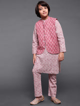 White & Mauve Floral Print Kurta Pyjama With Nehru Jacket - Elganza