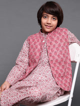 White & Mauve Floral Print Kurta Pyjama With Nehru Jacket - Elganza