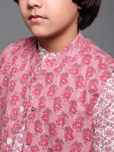 White & Mauve Floral Print Kurta Pyjama With Nehru Jacket - Elganza