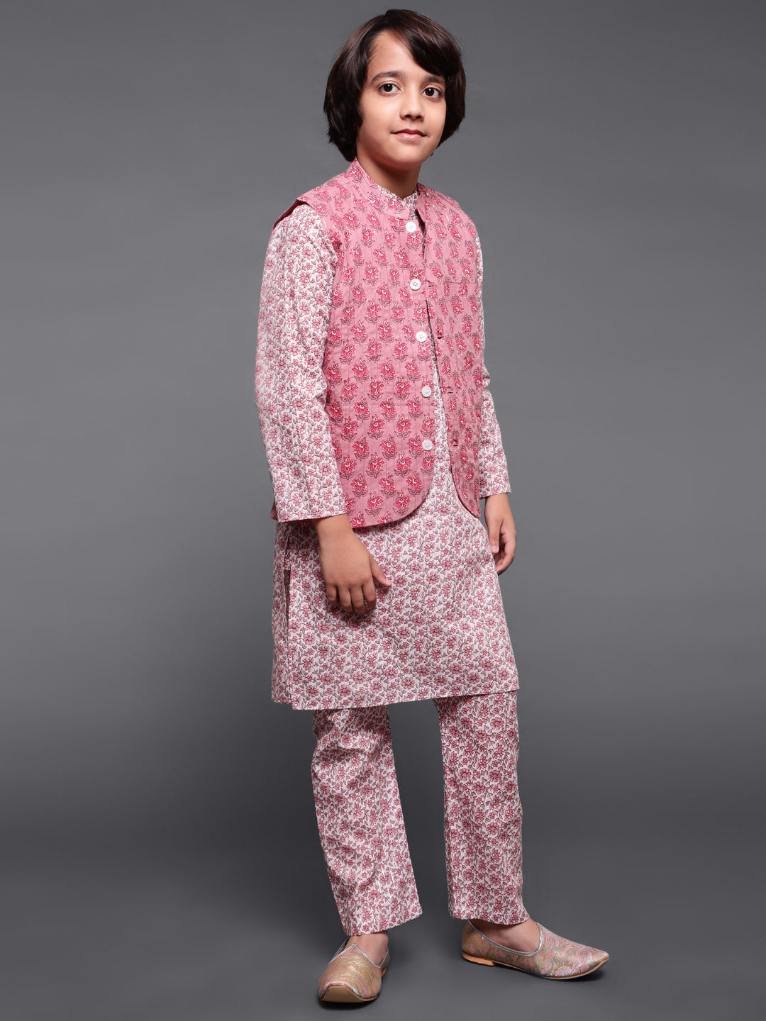 White & Mauve Floral Print Kurta Pyjama With Nehru Jacket - Elganza