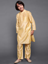 Cream & Peach Floral Print Kurta Pyjama With Nehru Jacket - Elganza