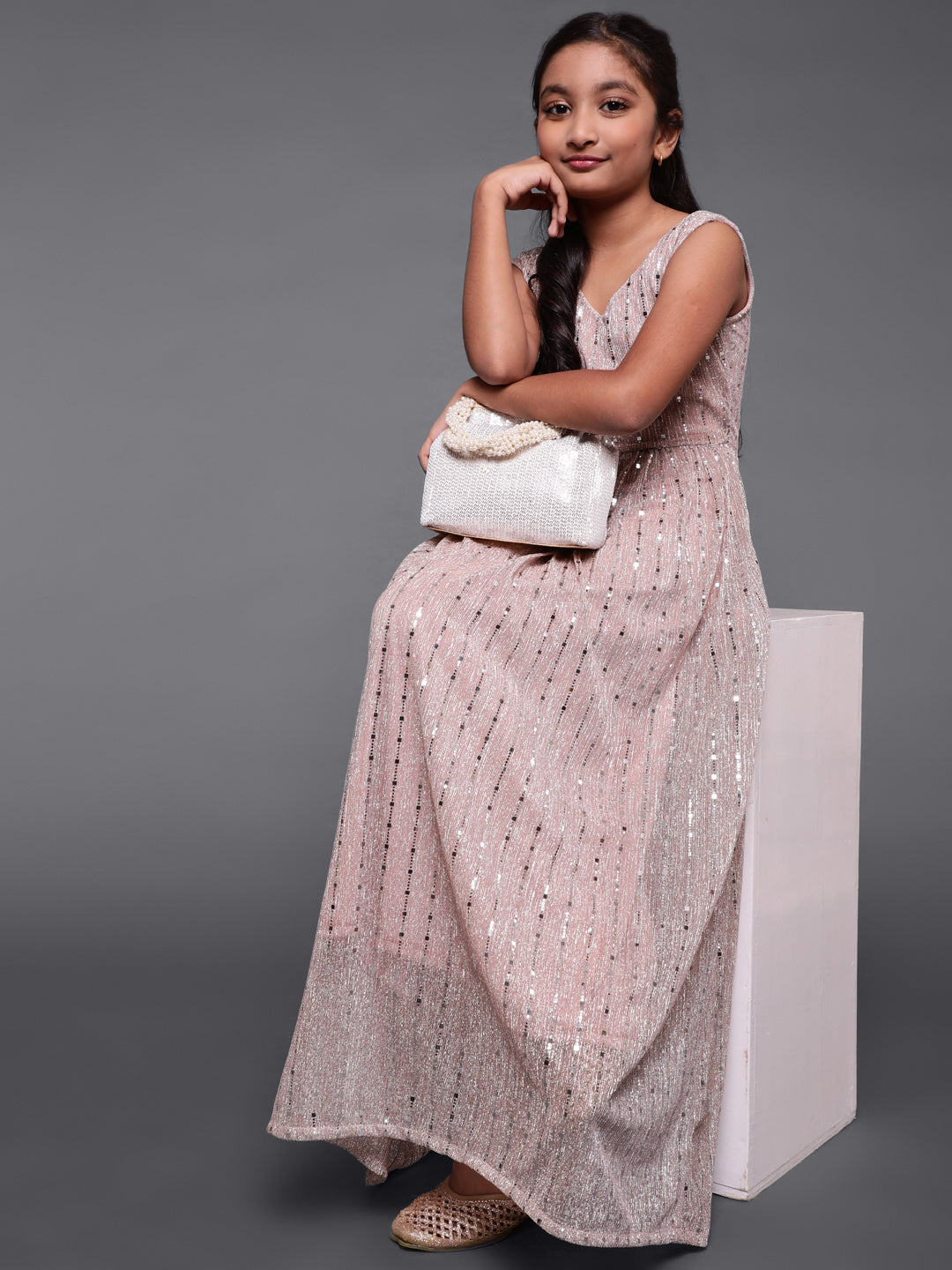 Rose Gold Embellished Flared Maxi Dress - Elganza