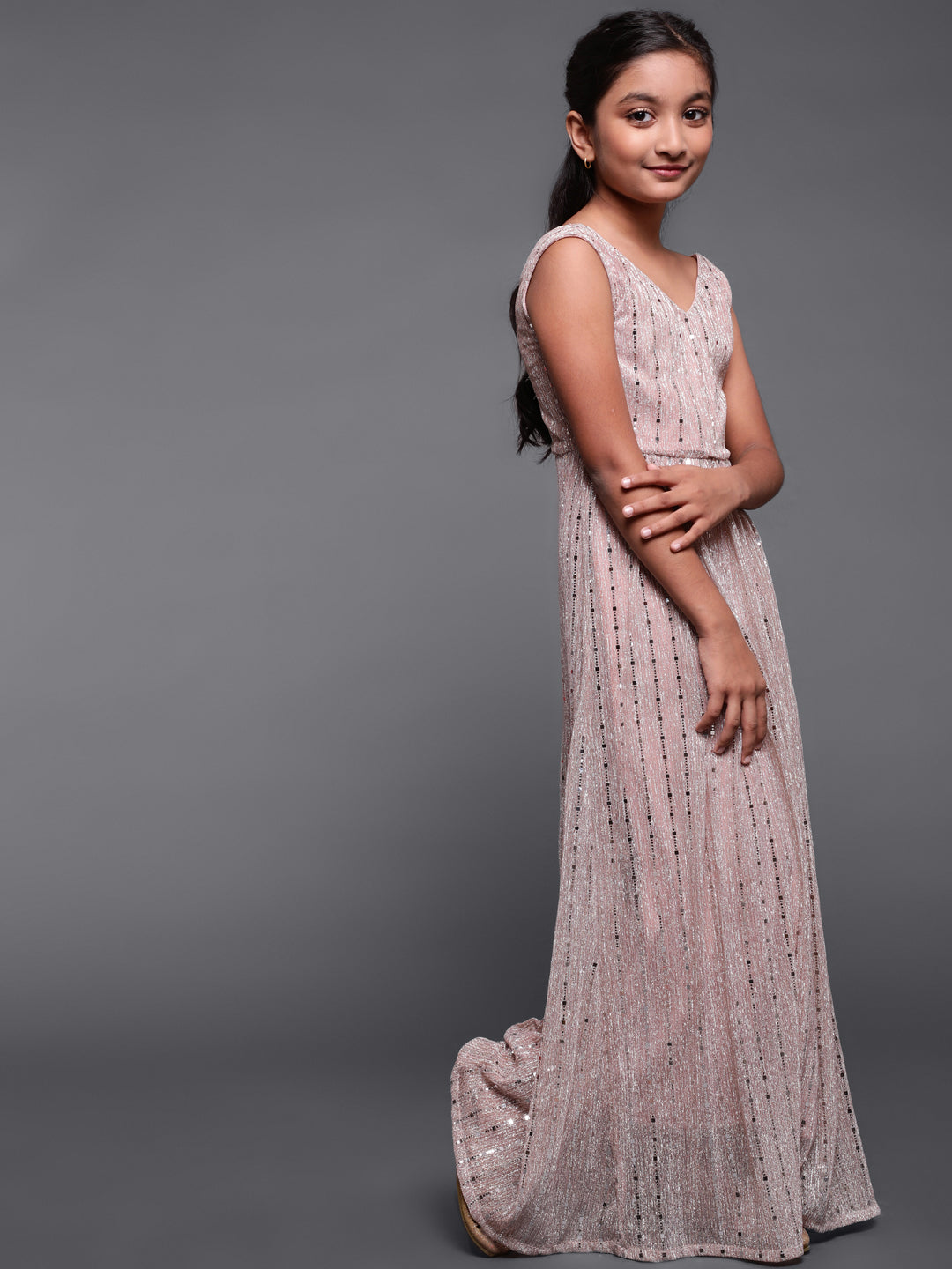 Rose Gold Embellished Flared Maxi Dress - Elganza