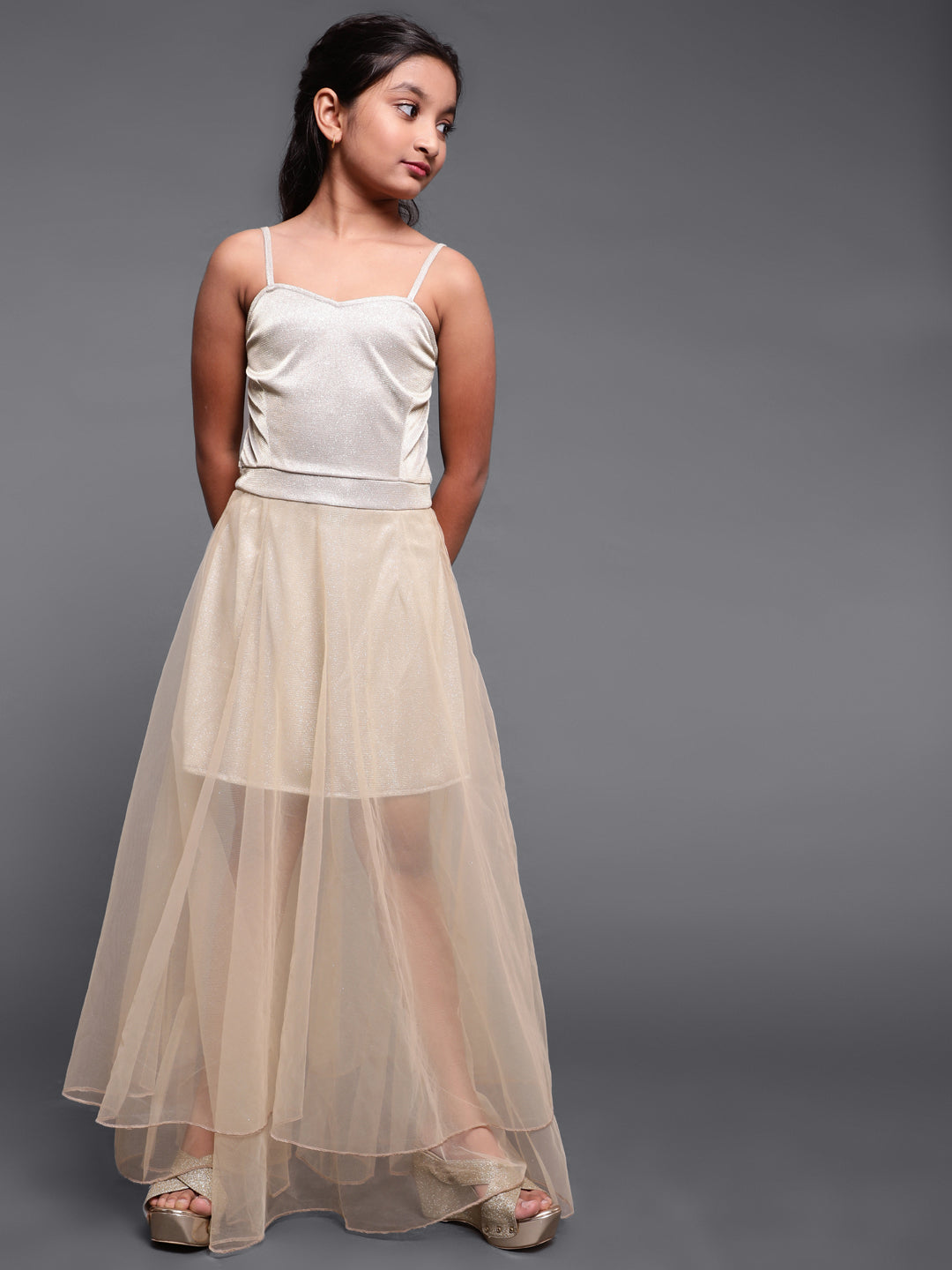 Silver Embellished Flared Maxi Dress - Elganza