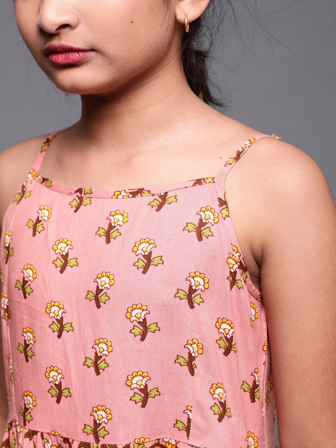 Brown Floral Print Tiered Dress - Elganza