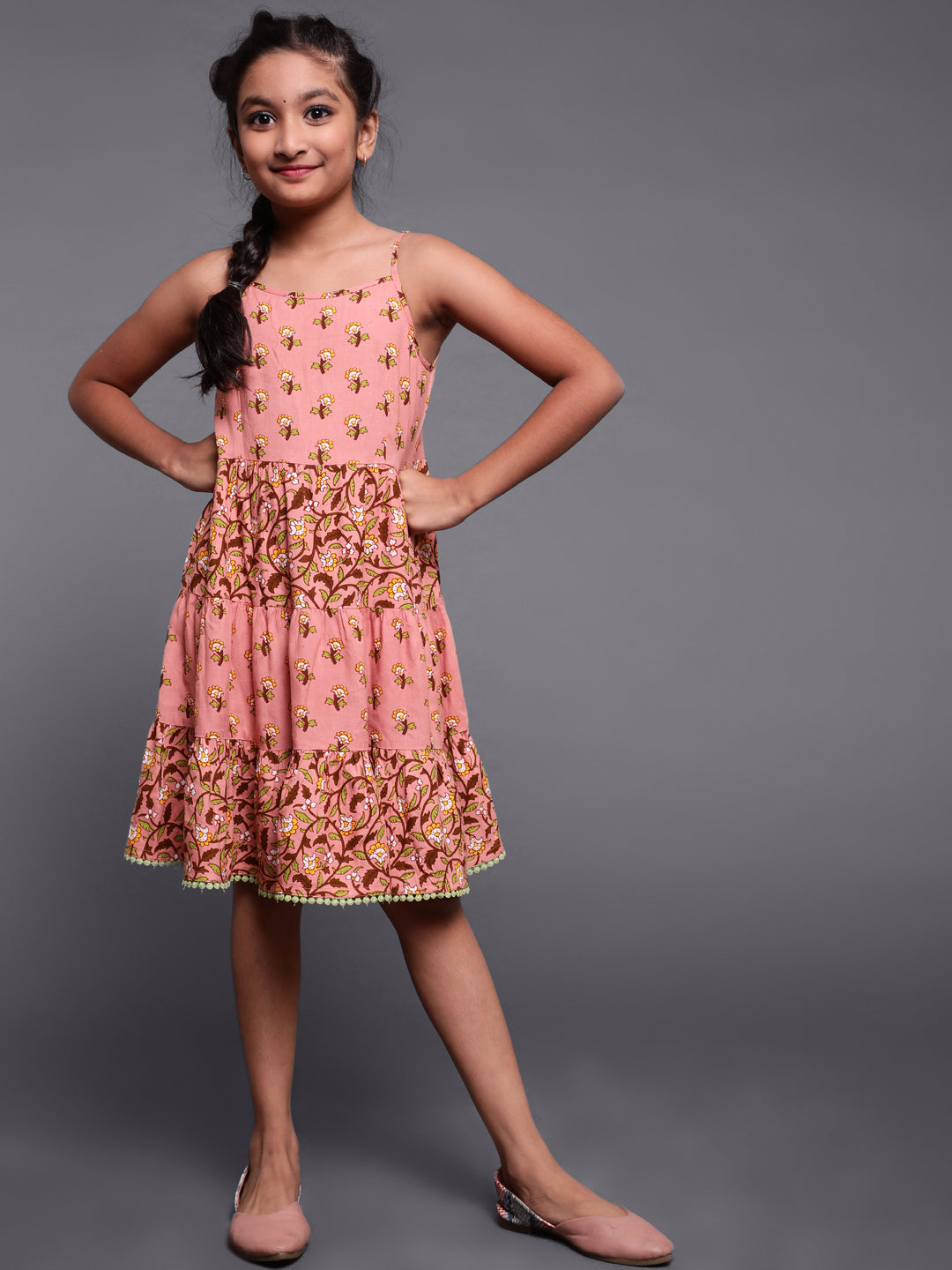 Brown Floral Print Tiered Dress - Elganza