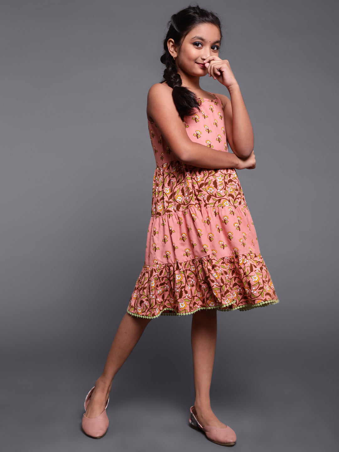 Brown Floral Print Tiered Dress - Elganza