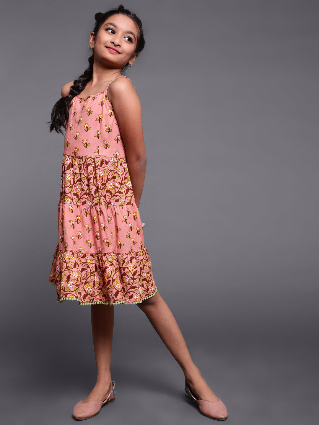 Brown Floral Print Tiered Dress - Elganza