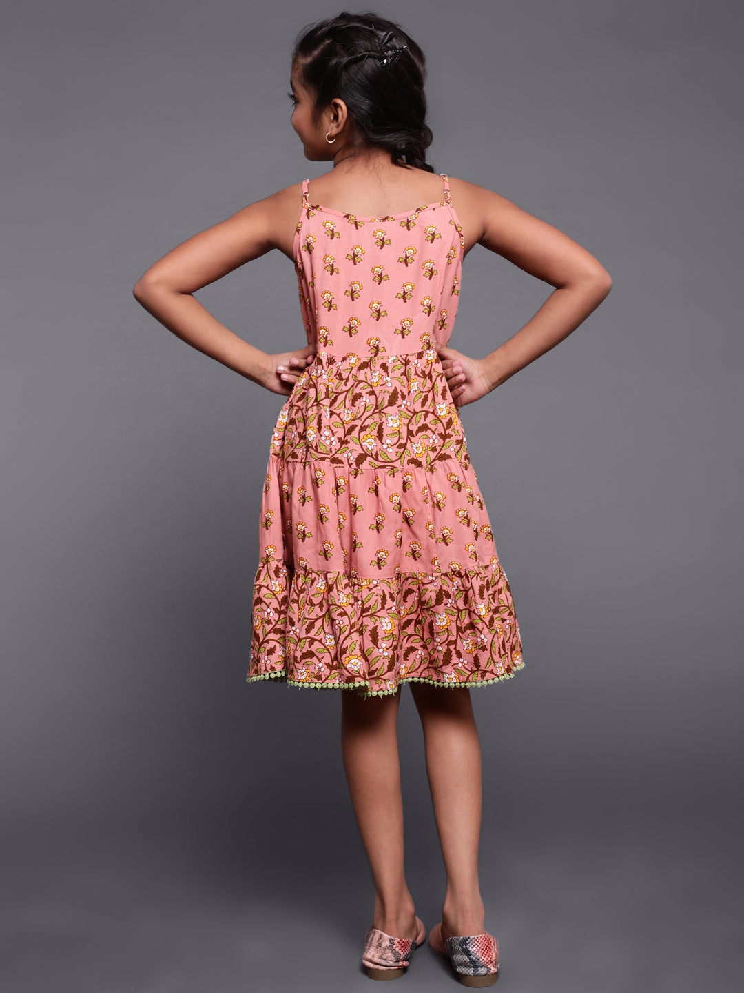 Brown Floral Print Tiered Dress - Elganza