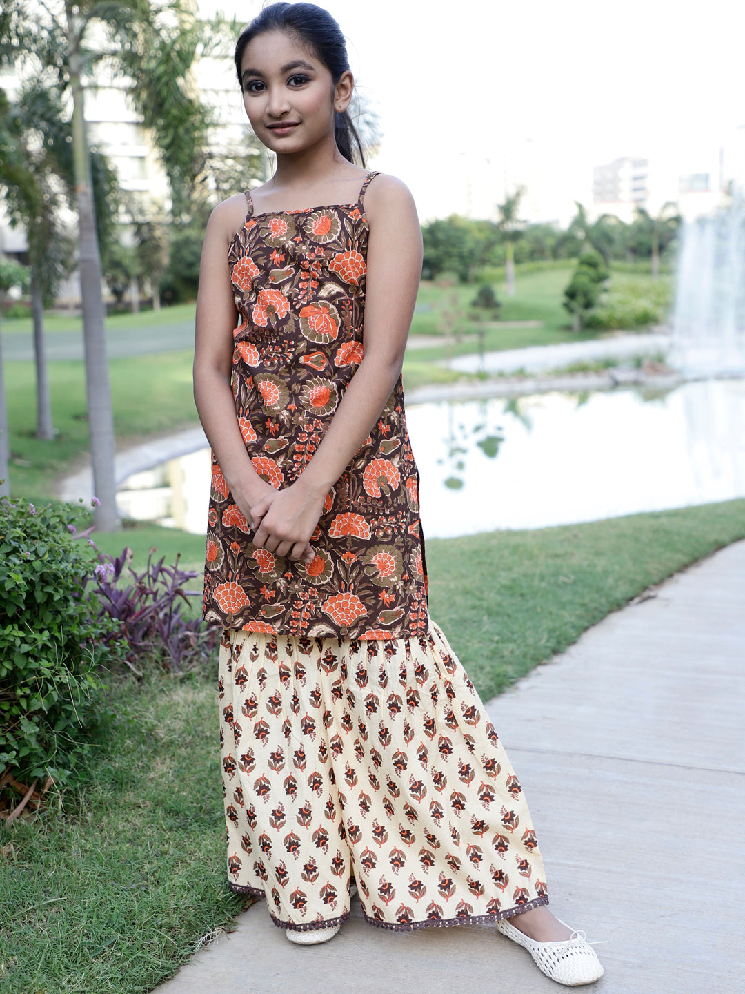 Brown & Cream Floral Print Kurta With Sharara - Elganza