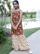 Brown & Cream Floral Print Kurta With Sharara - Elganza