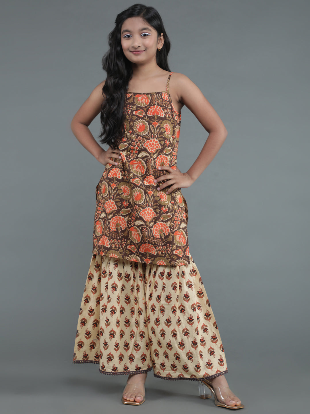 Brown & Cream Floral Print Kurta With Sharara - Elganza