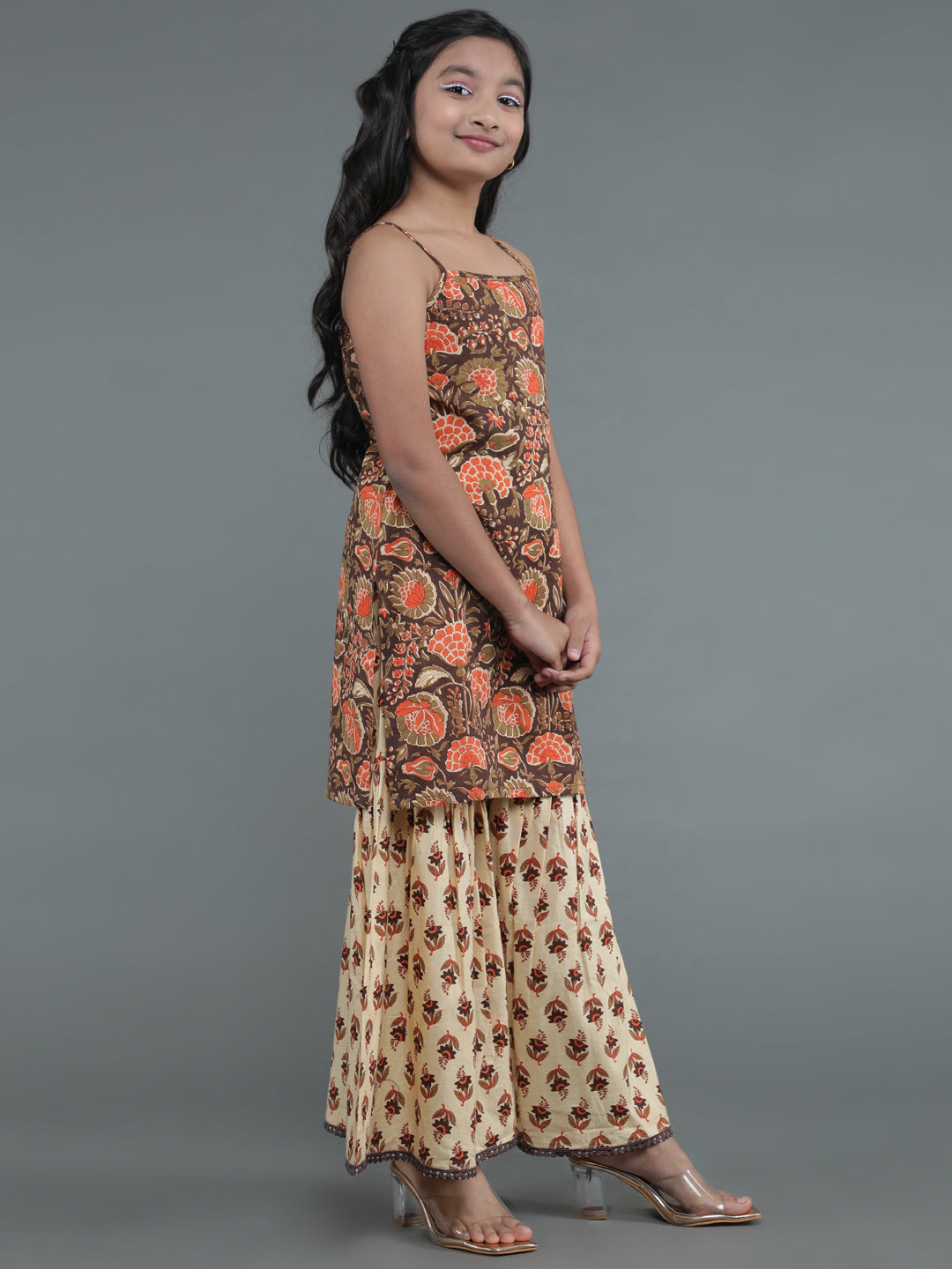 Brown & Cream Floral Print Kurta With Sharara - Elganza