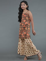Brown & Cream Floral Print Kurta With Sharara - Elganza
