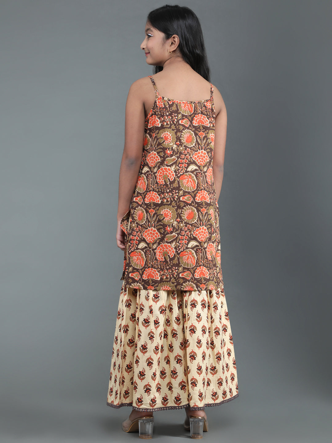 Brown & Cream Floral Print Kurta With Sharara - Elganza