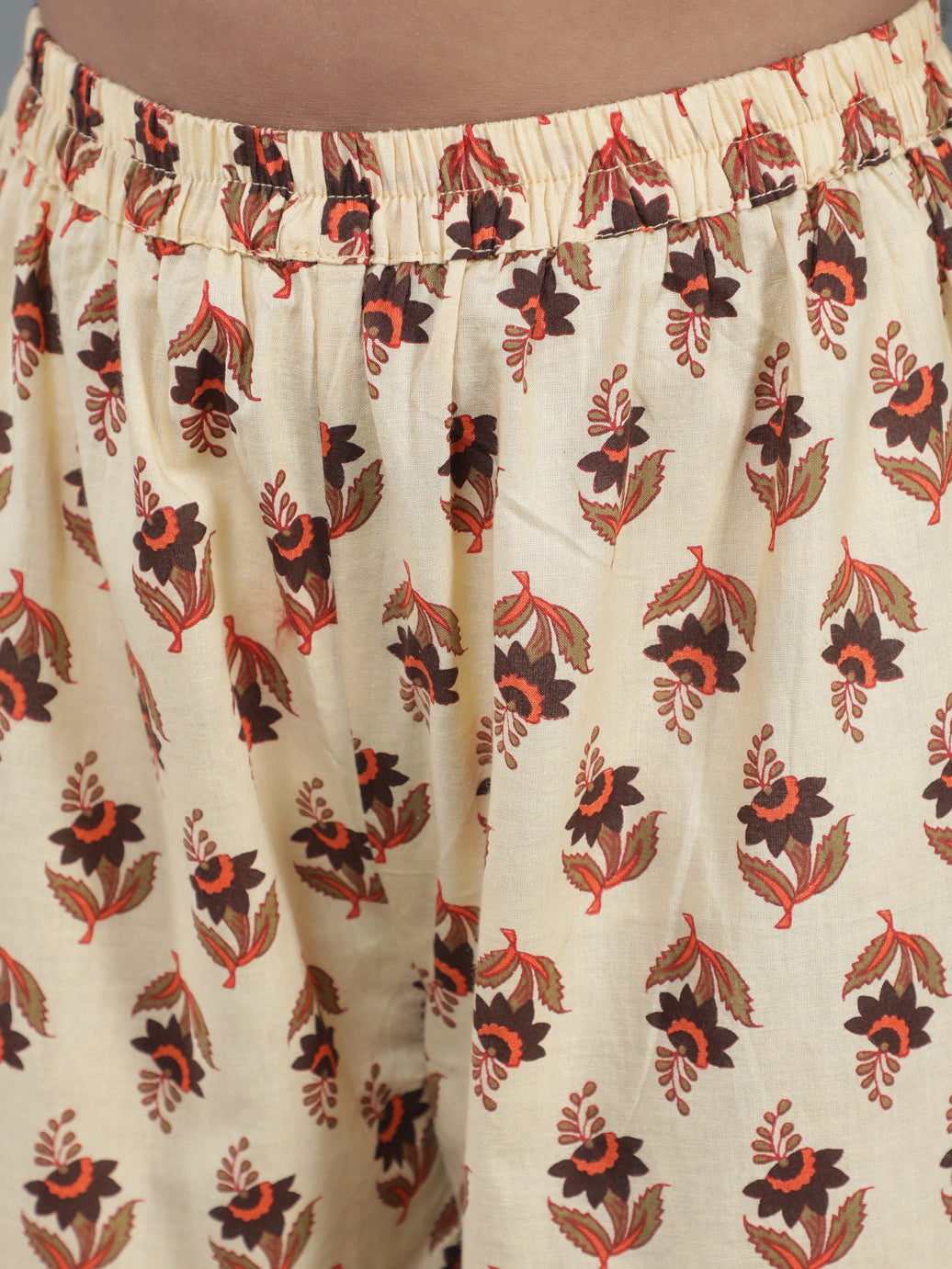 Brown & Cream Floral Print Kurta With Sharara - Elganza