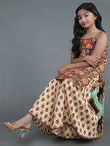 Brown & Cream Floral Print Kurta With Sharara - Elganza