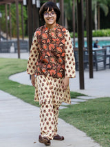 Brown Floral Print Kurta Pyjama With Nehru Jacket - Elganza